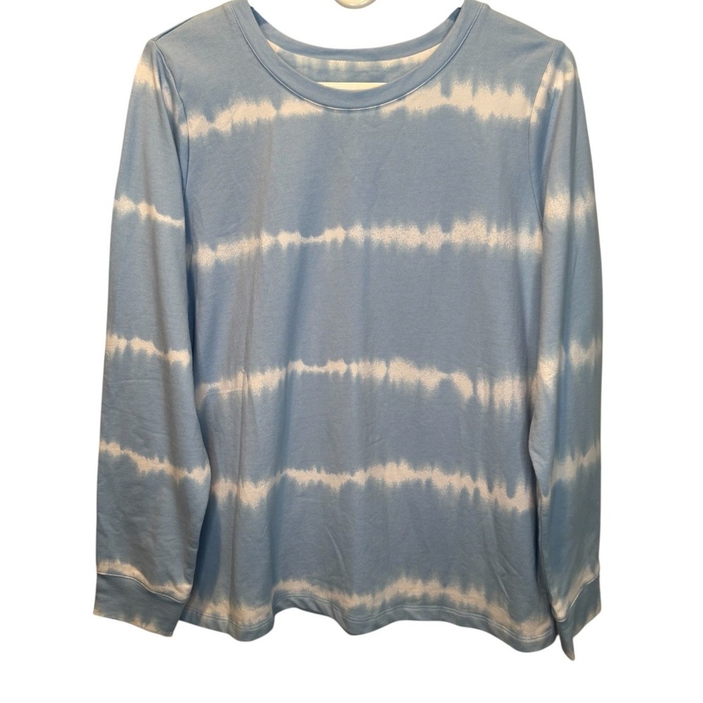 Denim & Co Blue White Tie Dye Stripe Long Sleeve French Terry Top Medium NEW
